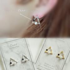 韓國空運14k~❥多元素金銀霧漆三角造型珍珠鑽石耳環❥（可改夾式）#金銀055