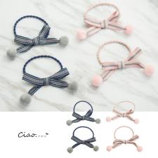 韓國訂製❥手工條紋紗網蝴蝶結毛球髮圈❥(一對售)
