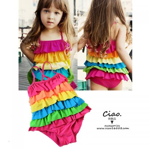 【預購❤】❥連身彩虹荷葉邊女童泳衣❥