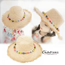 CIAO獨家訂製❥兒童彩色毛球平頂毛邊拉菲草帽❥